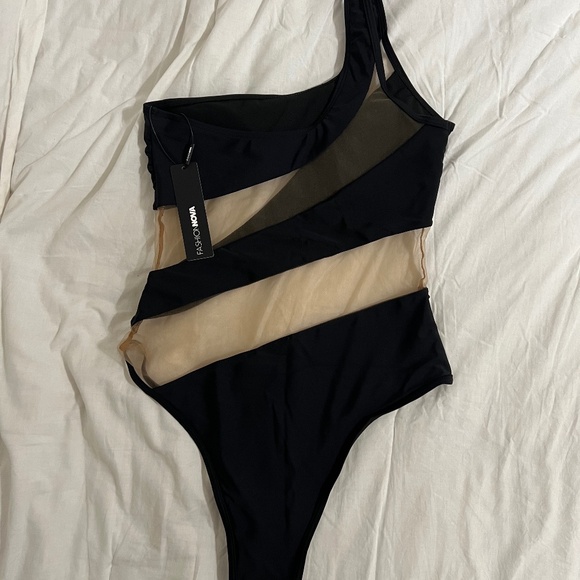 Fashion Nova Black Mesh One Shoulder Bathing Suit - Picture 3 of 3